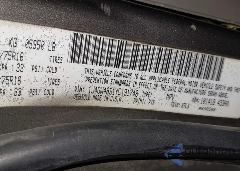 2000 Jeep Grand Cherokee Laredo z USA, uszkodzony, nr VIN 1J4GW48S1YC191748